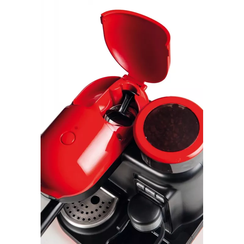 Ariete 1318 Moderna Macchina per caffè espresso con macinacaffè integrato, per chicchi di caffè e caffè macinato, monta latte Cappuccinatore, filtro per 1 e 2 tazze, 1080 W, 800 ml, rosso