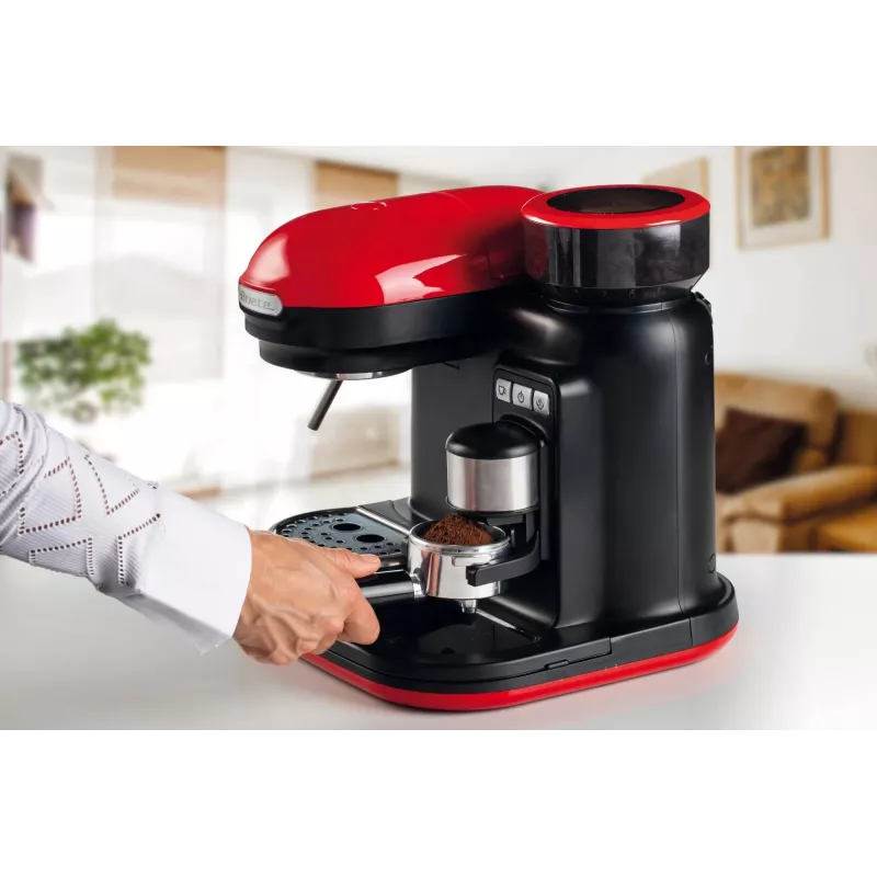 Ariete 1318 Moderna Macchina per caffè espresso con macinacaffè integrato, per chicchi di caffè e caffè macinato, monta latte Cappuccinatore, filtro per 1 e 2 tazze, 1080 W, 800 ml, rosso