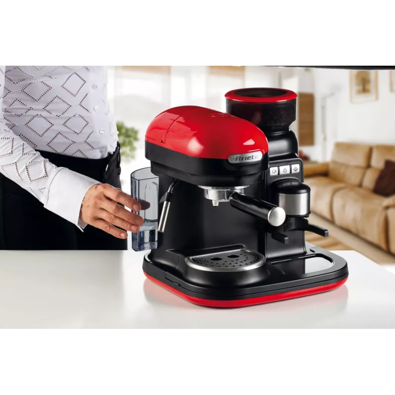 Ariete 1318 Moderna Macchina per caffè espresso con macinacaffè integrato, per chicchi di caffè e caffè macinato, monta latte Cappuccinatore, filtro per 1 e 2 tazze, 1080 W, 800 ml, rosso
