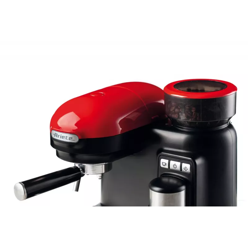 Ariete 1318 Moderna Macchina per caffè espresso con macinacaffè integrato, per chicchi di caffè e caffè macinato, monta latte Cappuccinatore, filtro per 1 e 2 tazze, 1080 W, 800 ml, rosso