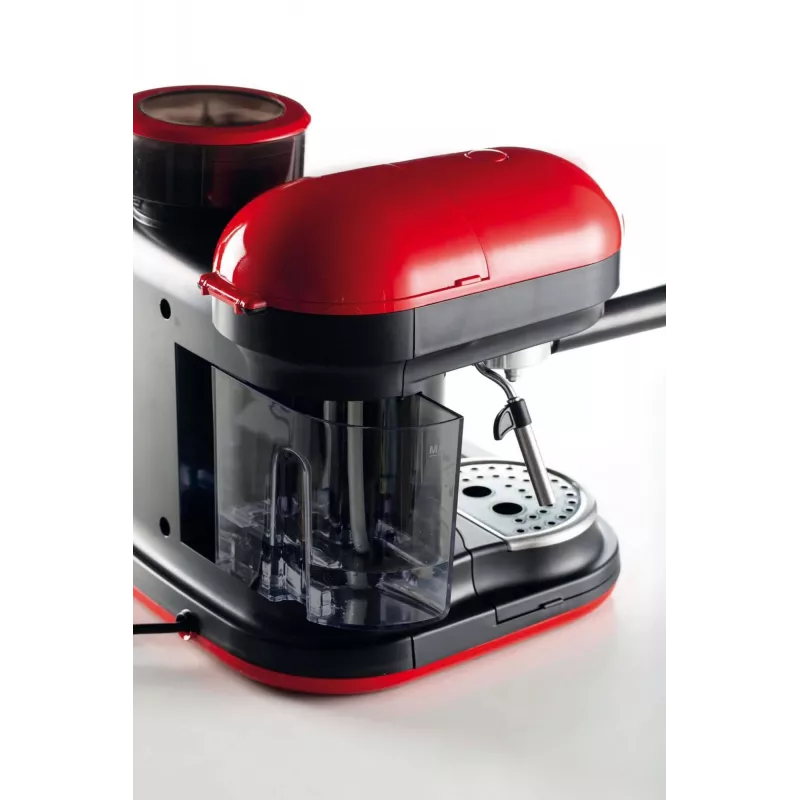 Ariete 1318 Moderna Macchina per caffè espresso con macinacaffè integrato, per chicchi di caffè e caffè macinato, monta latte Cappuccinatore, filtro per 1 e 2 tazze, 1080 W, 800 ml, rosso
