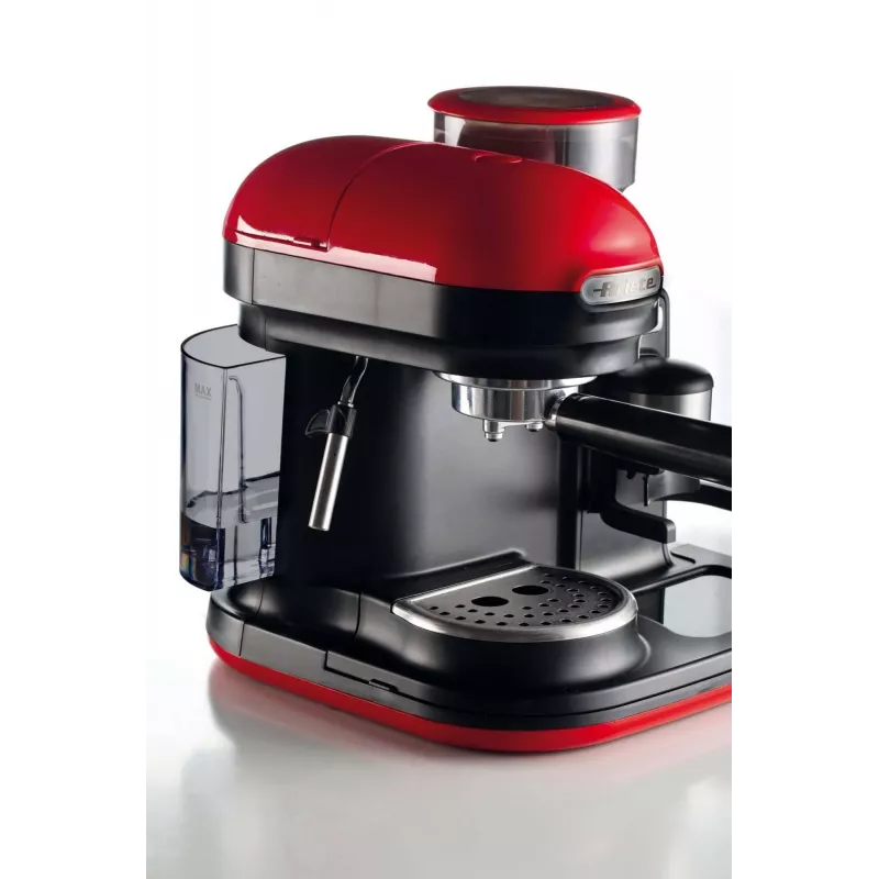 Ariete 1318 Moderna Macchina per caffè espresso con macinacaffè integrato, per chicchi di caffè e caffè macinato, monta latte Cappuccinatore, filtro per 1 e 2 tazze, 1080 W, 800 ml, rosso