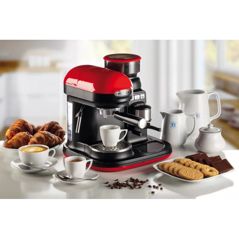 Ariete 1318 Moderna Macchina per caffè espresso con macinacaffè integrato, per chicchi di caffè e caffè macinato, monta latte Cappuccinatore, filtro per 1 e 2 tazze, 1080 W, 800 ml, rosso