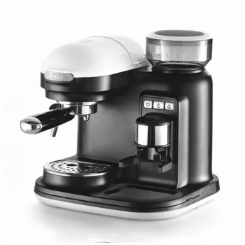 Ariete 1318 Moderna Macchina per caffè espresso con macinacaffè integrato, per chicchi di caffè e caffè macinato, lancia monta latte per cappuccino, filtro per 1 e 2 tazze, 1080 W, 800 cc, bianco