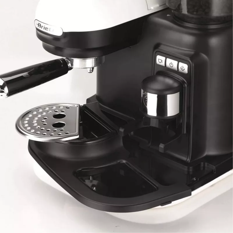 Ariete 1318 Moderna Macchina per caffè espresso con macinacaffè integrato, per chicchi di caffè e caffè macinato, lancia monta latte per cappuccino, filtro per 1 e 2 tazze, 1080 W, 800 cc, bianco