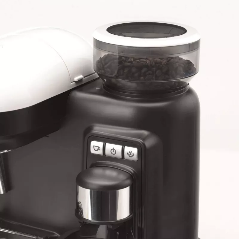 Ariete 1318 Moderna Macchina per caffè espresso con macinacaffè integrato, per chicchi di caffè e caffè macinato, lancia monta latte per cappuccino, filtro per 1 e 2 tazze, 1080 W, 800 cc, bianco