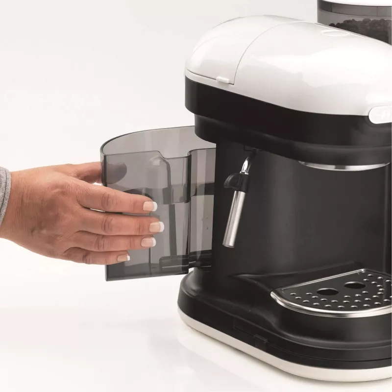 Ariete 1318 Moderna Macchina per caffè espresso con macinacaffè integrato, per chicchi di caffè e caffè macinato, lancia monta latte per cappuccino, filtro per 1 e 2 tazze, 1080 W, 800 cc, bianco