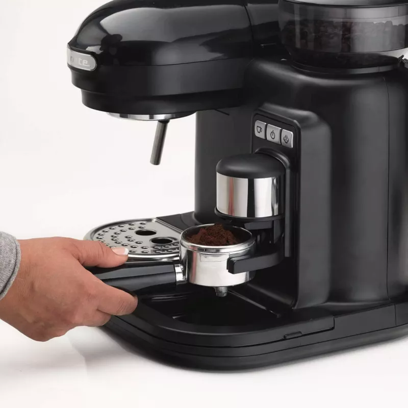 Ariete 1318 Moderna Macchina per caffè espresso con macinacaffè integrato, per chicchi di caffè e caffè macinato, monta latte per cappuccino, filtro per 1 e 2 tazze, 1080 W, 800 ml, nero