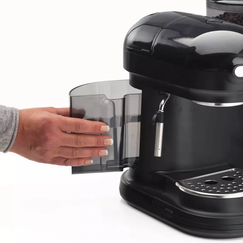 Ariete 1318 Moderna Macchina per caffè espresso con macinacaffè integrato, per chicchi di caffè e caffè macinato, monta latte per cappuccino, filtro per 1 e 2 tazze, 1080 W, 800 ml, nero