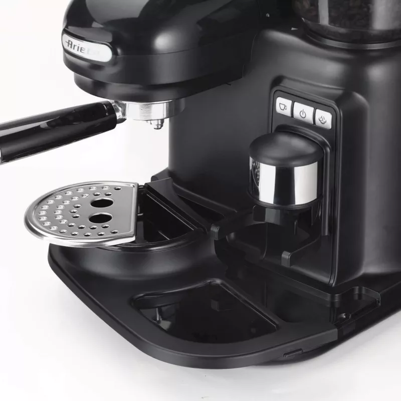 Ariete 1318 Moderna Macchina per caffè espresso con macinacaffè integrato, per chicchi di caffè e caffè macinato, monta latte per cappuccino, filtro per 1 e 2 tazze, 1080 W, 800 ml, nero