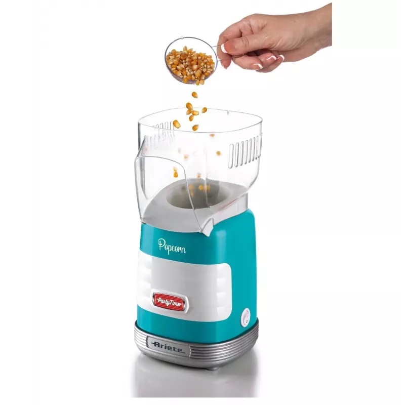 Ariete 2956, Pop Corn Party Time, Macchina per popcorn, fa scoppiare 60 g di mais per popcorn in 2 minuti con aria calda, senza grassi, 1000 Watt, blu