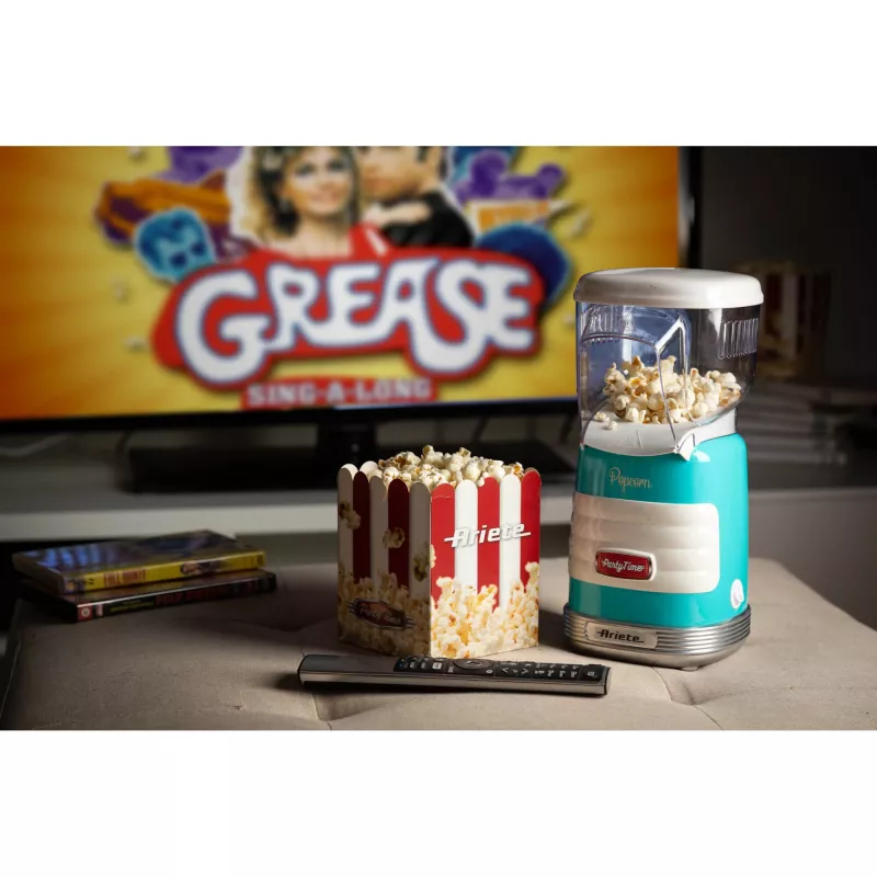 Ariete 2956, Pop Corn Party Time, Macchina per popcorn, fa scoppiare 60 g di mais per popcorn in 2 minuti con aria calda, senza grassi, 1000 Watt, blu