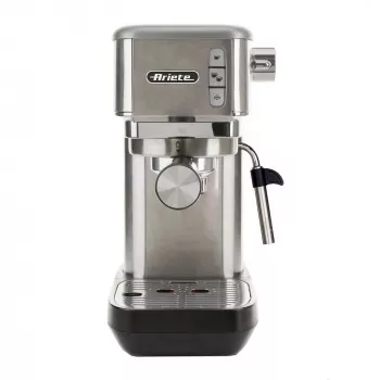 Ariete 1380 Metal Macchina per caffè, adatta per caffè macinato e cialde ESE, 1300 W, capacità serbatoio 1,1 l, pressione 15 bar, filtro per ½ tazze, Cappuccinatore, argento