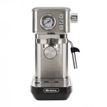 Ariete 1381 Macchina per caffè con manometro, adatta per caffè macinato e cialde ESE, 1300 W, capacità 1,1 l, pressione 15 bar, filtro per ½ tazze, lancia per cappuccino, argento