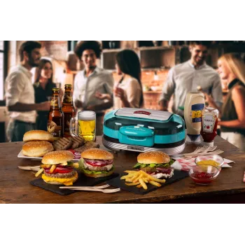 Ariete 205 Hamburger Maker Party Time, Macchina per hamburger, 1200 W, doppie piastre antiaderenti, 2 scomparti, facile da pulire, blu