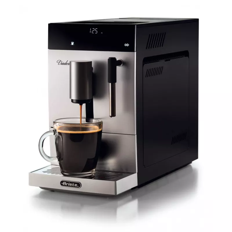 Ariete 1452 Diadema, macchina per caffè automatica, 1350 W, pressione 19 bar, per caffè, americano e acqua calda, beccuccio cappuccino, display LED, erogatore regolabile, argento