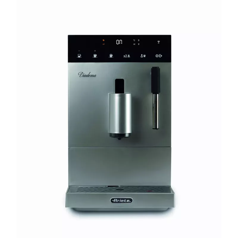 Ariete 1452 Diadema, macchina per caffè automatica, 1350 W, pressione 19 bar, per caffè, americano e acqua calda, beccuccio cappuccino, display LED, erogatore regolabile, argento