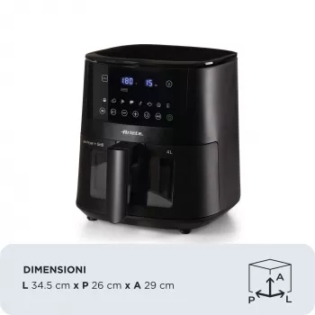 Ariete 4633, friggitrice ad aria 4L, 1400W, capacità 4L, 9 programmi, funzione shake e grill, temperatura fino a 200°C, nero