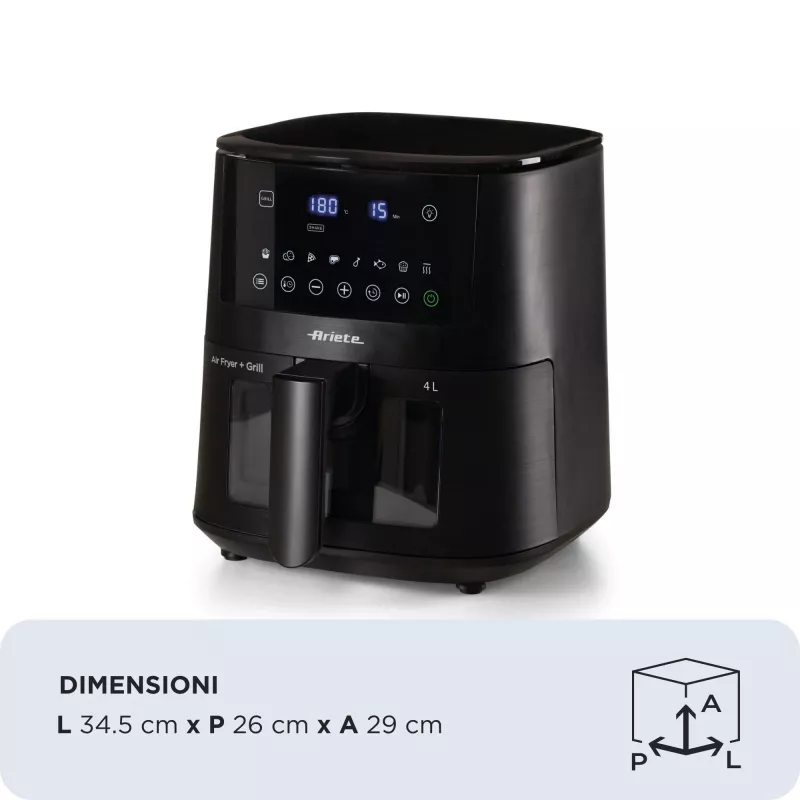 Ariete 4633, friggitrice ad aria 4L, 1400W, capacità 4L, 9 programmi, funzione shake e grill, temperatura fino a 200°C, nero