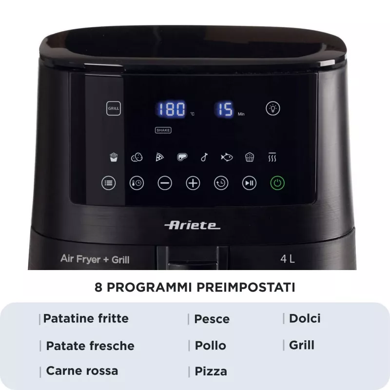 Ariete 4633, friggitrice ad aria 4L, 1400W, capacità 4L, 9 programmi, funzione shake e grill, temperatura fino a 200°C, nero