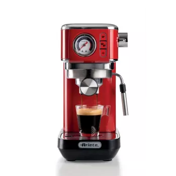 Ariete Moderna Line 1381 macchina per caffè con manometro, adatta per caffè macinato e cialde ESE, 1300 W, capacità 1,1 l, pressione 15 bar, filtro per mezza tazza, beccuccio cappuccino, rosso