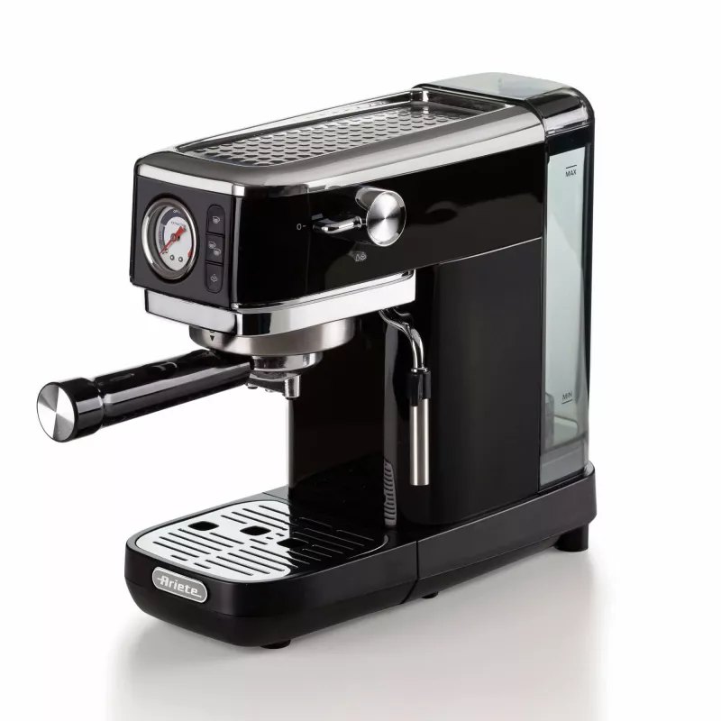 Ariete 1381 macchina per caffè con manometro, adatta per caffè macinato e cialde ESE, 1300 W, serbatoio acqua 1,1 l, pressione 15 bar, filtro per ½ tazza, beccuccio cappuccino, nero