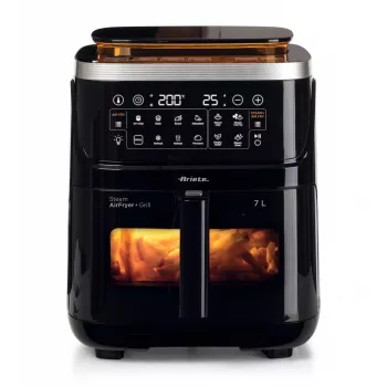 Ariete 4636 friggitrice ad aria con funzione vapore + grill, 1700W, funzione essiccazione, 10 funzioni di cottura, cestello trasparente, timer, nero