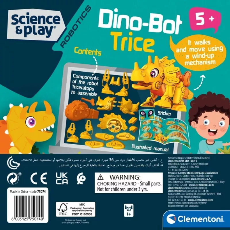 Clementoni Dino Bot Triceratops Junior, robot dinosauro, 5 anni