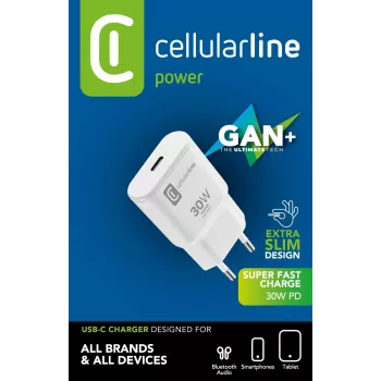 Cellularline GAN caricatore da parete USB-C 30W PD caricatore da parete USB-C 30W PD con tecnologia GaN