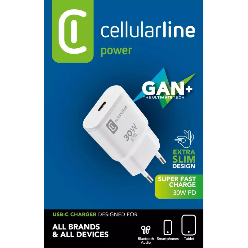 Cellularline GAN caricatore da parete USB-C 30W PD caricatore da parete USB-C 30W PD con tecnologia GaN