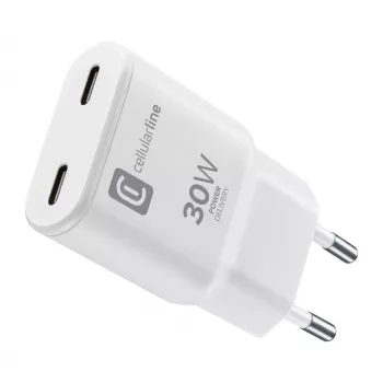 Cellularline GAN caricatore da parete 2xUSB-C 30W PD caricatore da parete 2xUSB-C 30W PD con tecnologia GaN