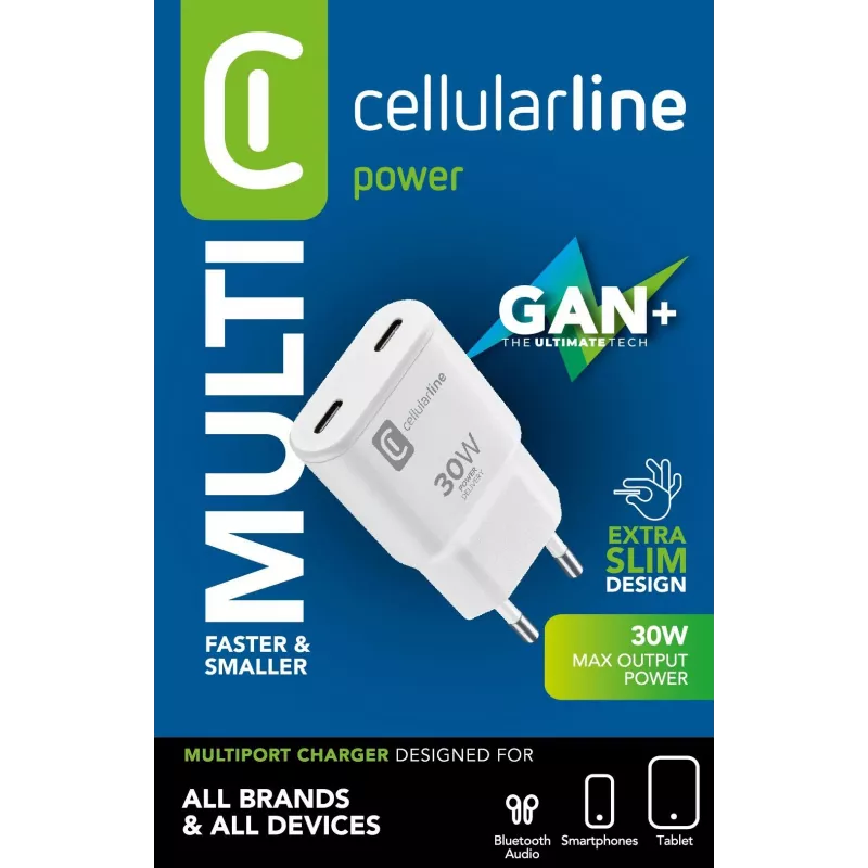 Cellularline GAN caricatore da parete 2xUSB-C 30W PD caricatore da parete 2xUSB-C 30W PD con tecnologia GaN