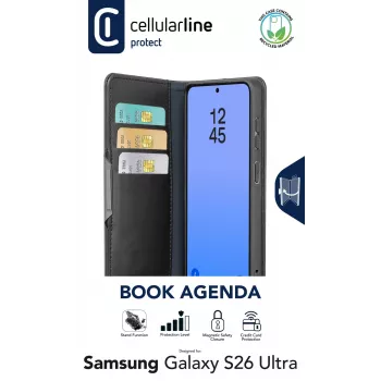 Cellularline Book Agenda - Galaxy S26 Ultra custodia a libro con finitura in similpelle, chiusura magnetica, protezione RFID e funzione stand