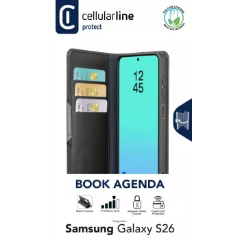Cellularline Book Agenda - Galaxy S26 custodia a libro con finitura in similpelle, chiusura magnetica, protezione RFID e funzione stand.