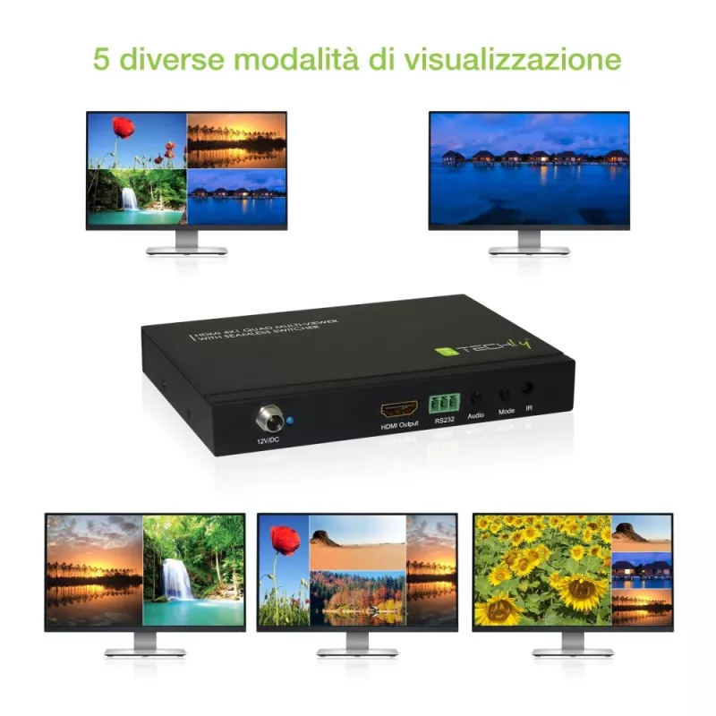 Techly HDMI 4x1 Multiviewer con switch seamless, HDMI, metallo, nero, 60 Hz, 1080p, 2,25 Gbit/s
