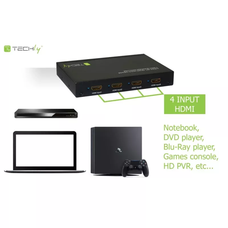 Techly HDMI 4x1 Multiviewer con switch seamless, HDMI, metallo, nero, 60 Hz, 1080p, 2,25 Gbit/s