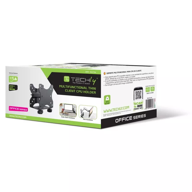 Techly Supporto CPU regolabile sottoscrivania, 5 kg, 75 x 75 mm, 100 x 100 mm, nero