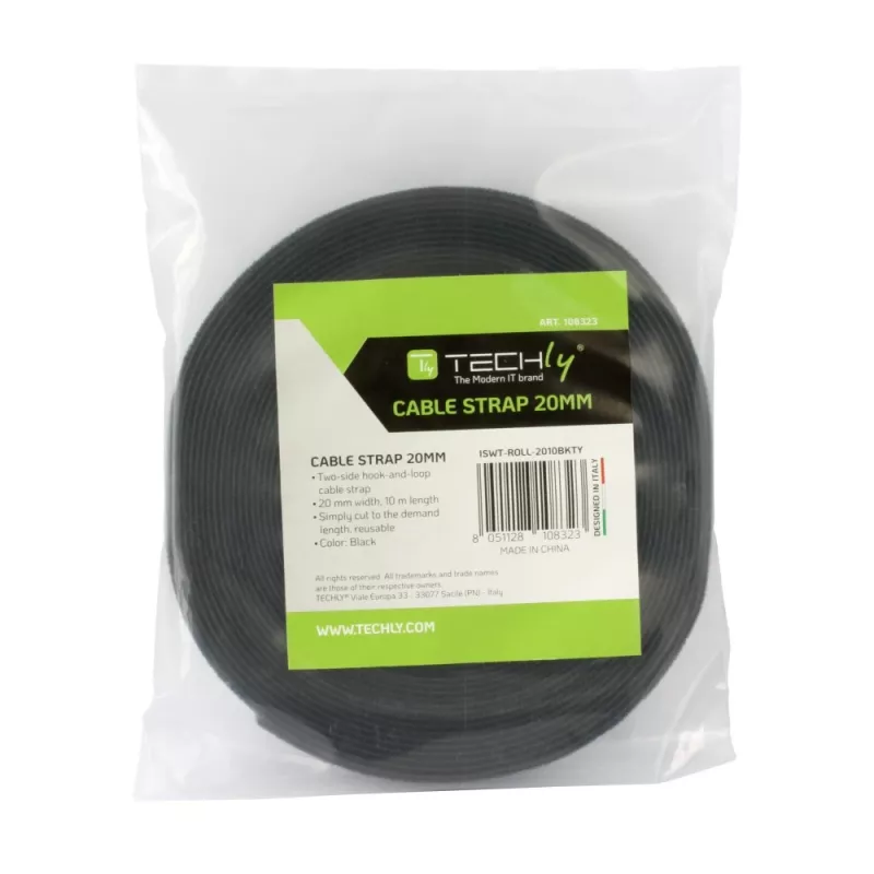 Techly Rotolo di nastro a velcro per gestione cavi lunghezza 10 m larghezza 20 mm nero