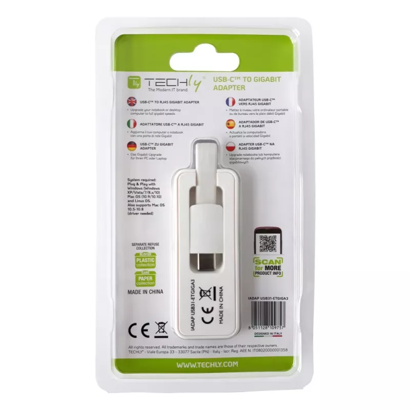 Techly Adattatore da USB 3.1 Type-C a RJ45 Gigabit Ethernet, bianco