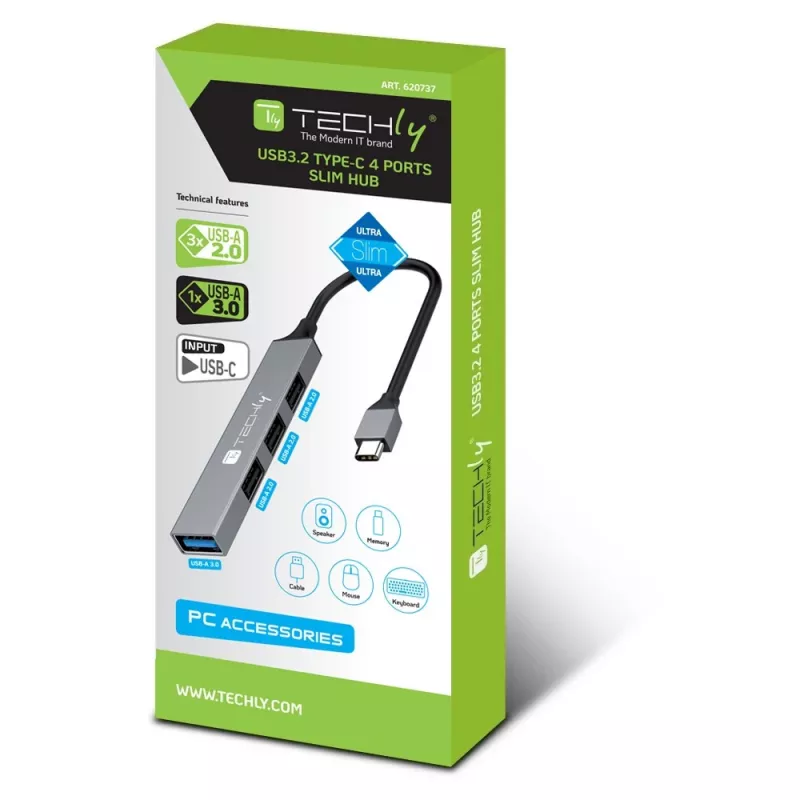 Techly IUSB32-HUB4C-3U2SLS Docking station/Replicatore di porte per laptop con filo USB 3.2 Gen 1 (3.1 Gen 1) Type-C grigio