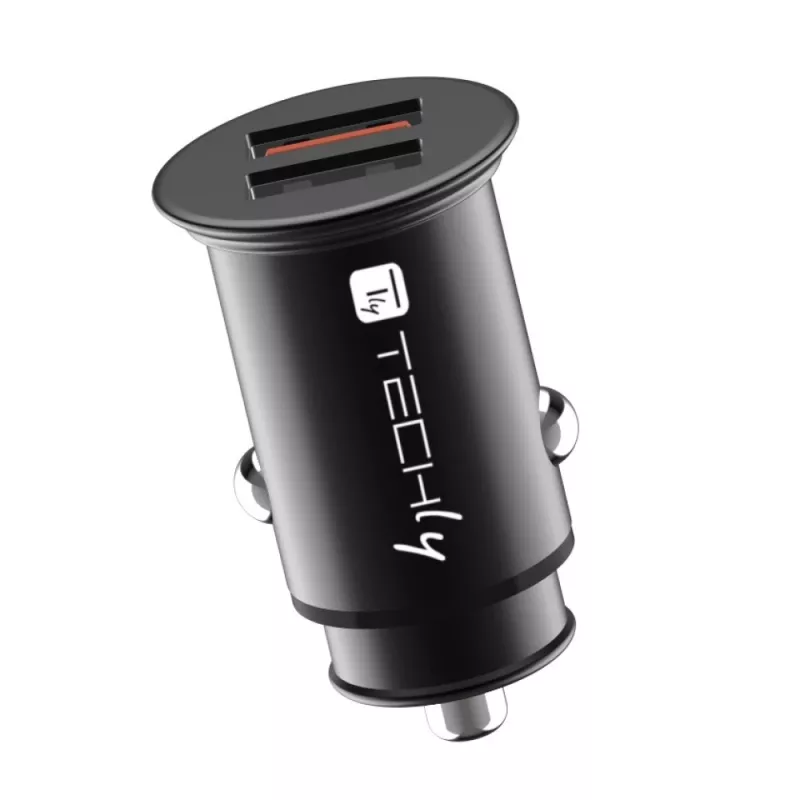 Techly mini caricabatterie auto 2 porte USB-A Quick Charge 3.0 36W in nero metallo