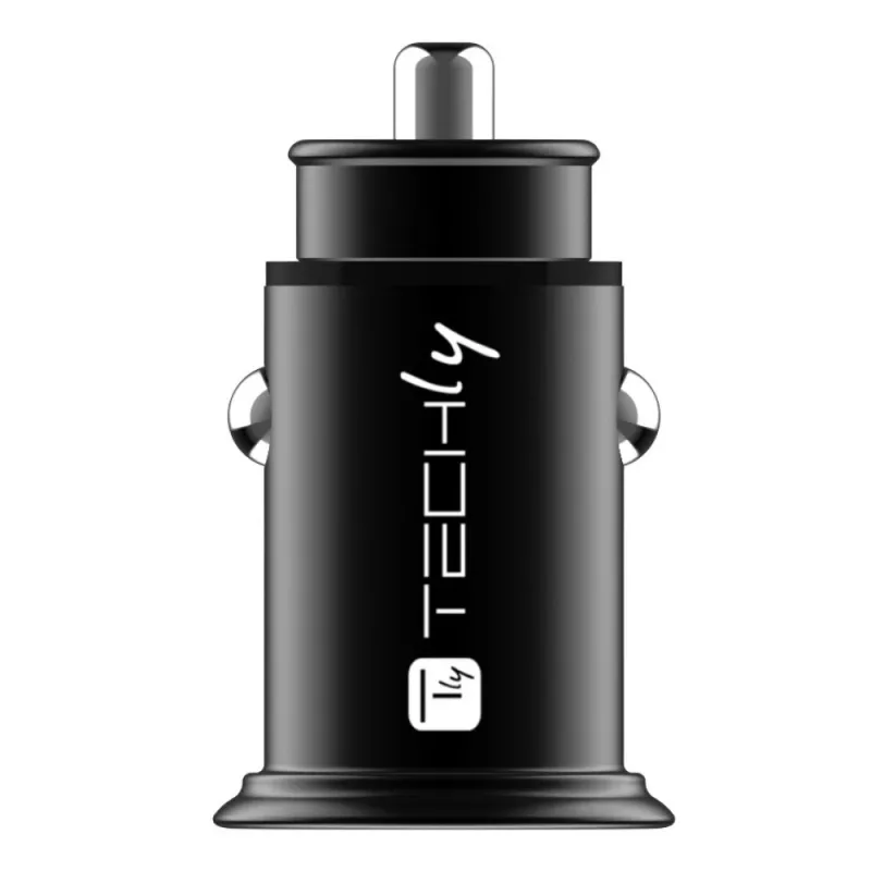 Techly mini caricabatterie auto 2 porte USB-A Quick Charge 3.0 36W in nero metallo