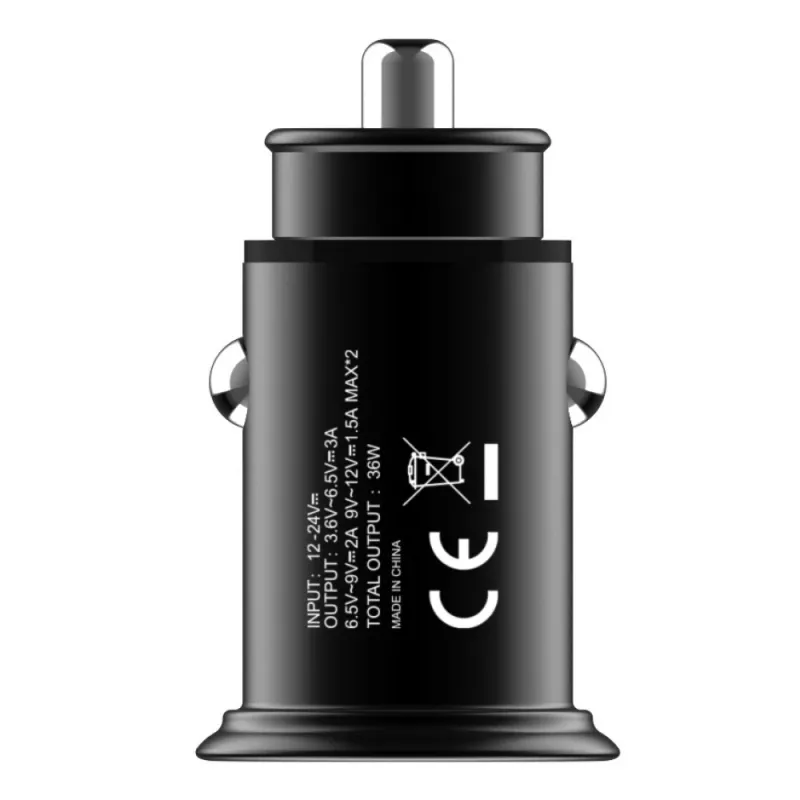 Techly mini caricabatterie auto 2 porte USB-A Quick Charge 3.0 36W in nero metallo