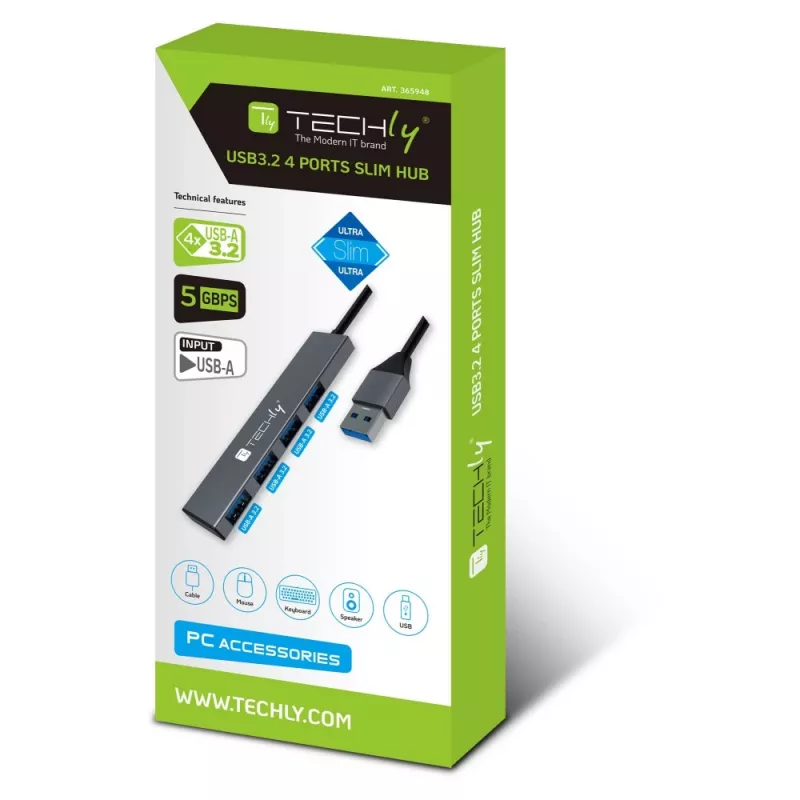 Techly IUSB32-HUB4A-4U3SL docking station/replicatore di porte per laptop con filo USB 3.2 Gen 1 (3.1 Gen 1) Type-A grigio