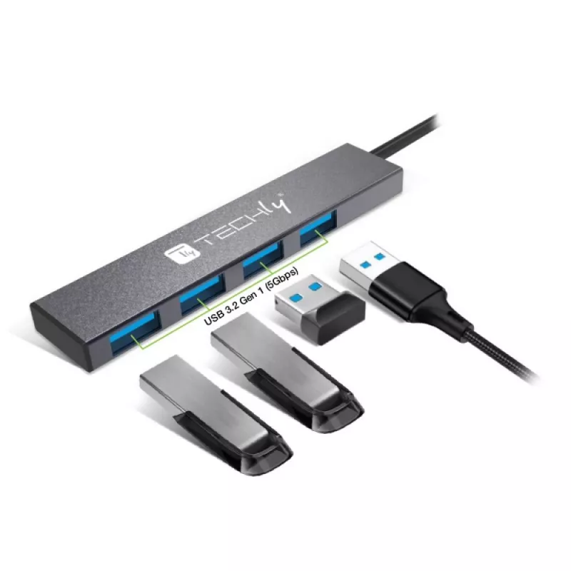 Techly IUSB32-HUB4A-4U3SL docking station/replicatore di porte per laptop con filo USB 3.2 Gen 1 (3.1 Gen 1) Type-A grigio