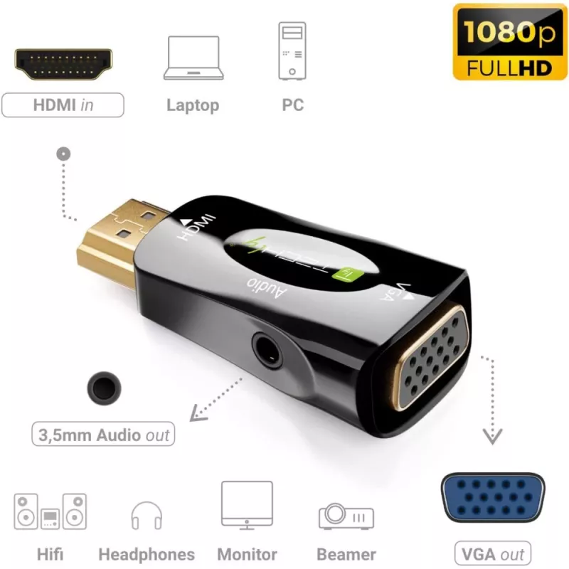 Techly IDATA HDMI-VGA2MABT2 convertitore di segnale video convertitore video passivo 1920 x 1080 pixel