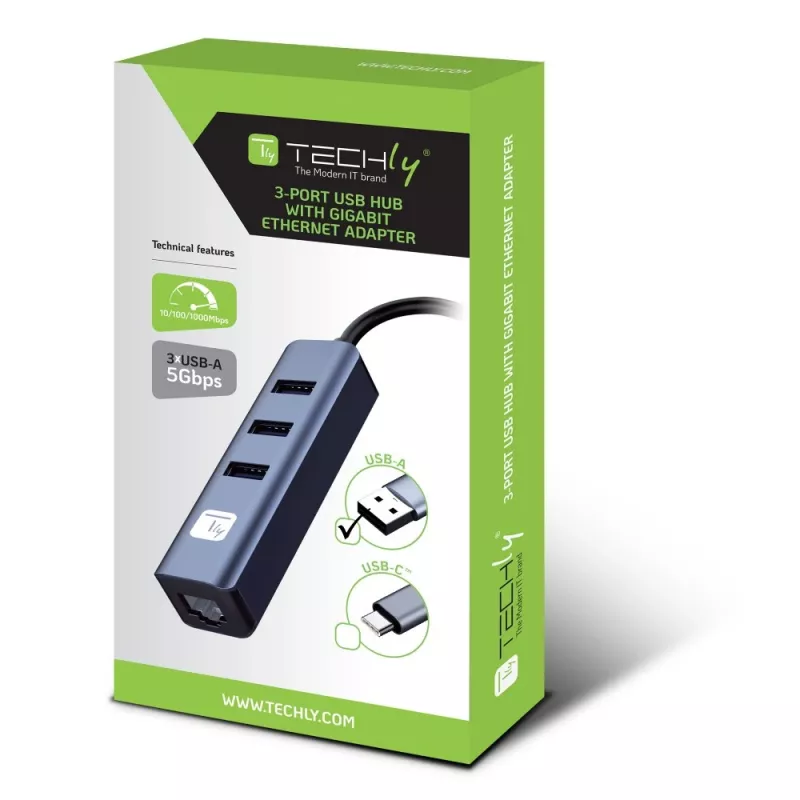 Techly IDATA USB-ETGIGA3AA dock/replicatore di porte per laptop con filo USB 3.2 Gen 1 (3.1 Gen 1) Type-A nero, argento