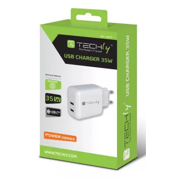 Techly IPW-USB-2C35W caricabatterie per dispositivi mobili laptop, smartphone, tablet bianco AC uso interno ricarica rapida