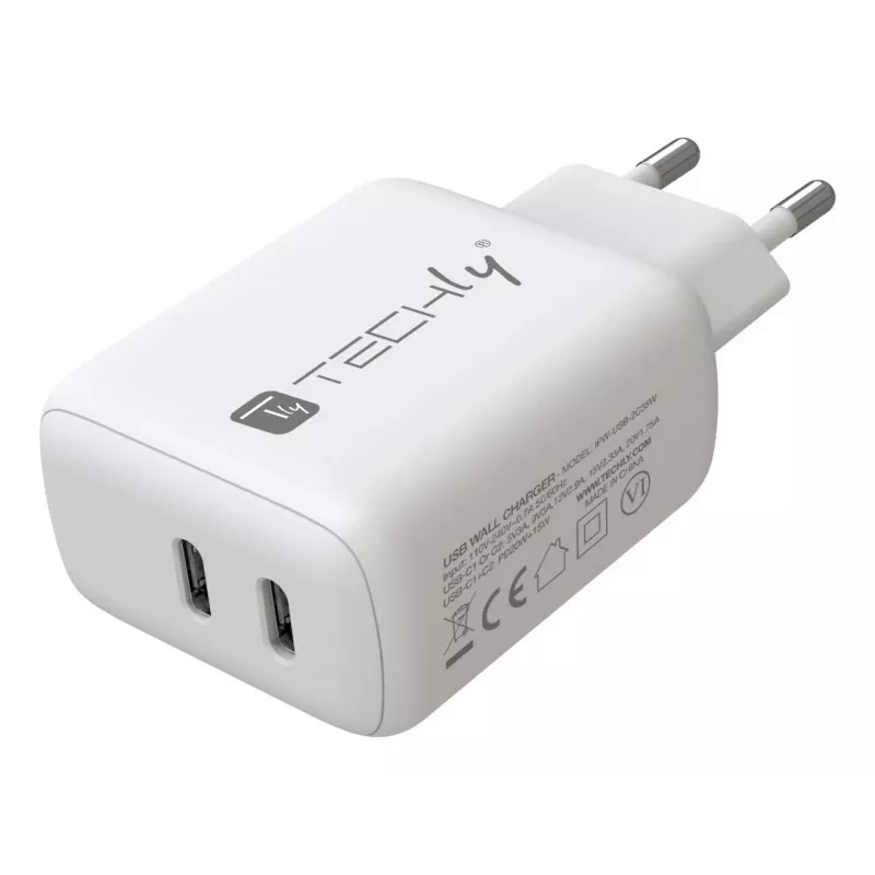Techly IPW-USB-2C35W caricabatterie per dispositivi mobili laptop, smartphone, tablet bianco AC uso interno ricarica rapida