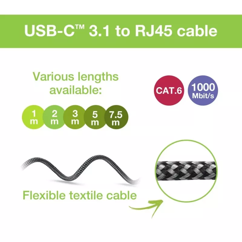 Techly ICOC-U3C-RJ45-075 Cavo adattatore da USB 3.2 Type-C a Gigabit Ethernet, 7,5 m, nero/argento